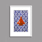 Tableau décoratif d'un tagine marocain en orange, sur un fond de zellige marocain de motifs en bleu, encadré dans un cadre blanc - Format A3.