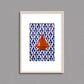 Tableau décoratif d'un tagine marocain en orange, sur un fond de zellige marocain de motifs en bleu, encadré dans un cadre en bois - Format A4.