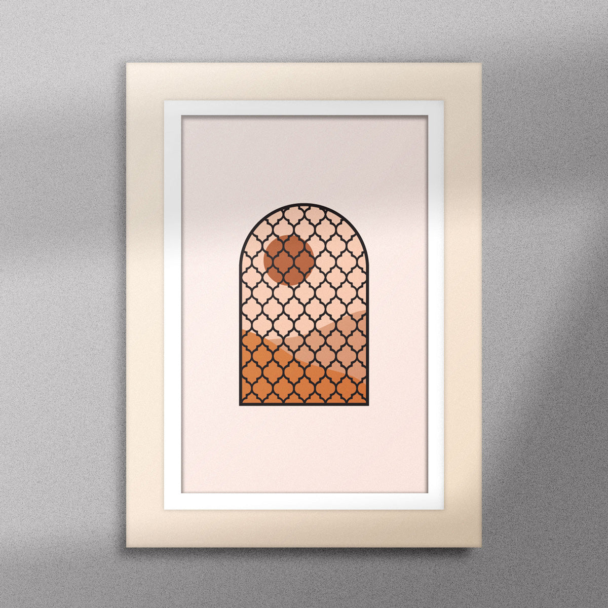  Tableau décoratif d'une illustration d'une fenêtre à grille de fer forgé ancienne, encadré dans un cadre en bois - Format A5.